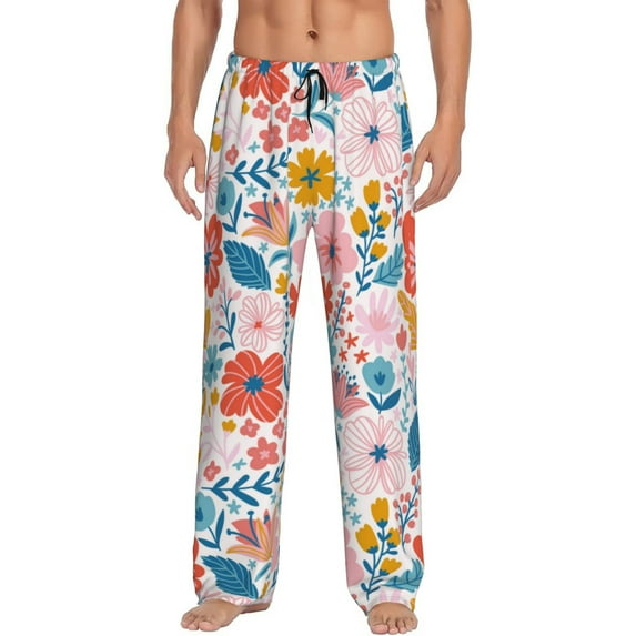 Uemuo Floral Ditsy Pattern Men's Wide Leg Palazzo Lounge Pants with Pockets Light Weight Loose Comfy Casual Pajama Pants-Small
