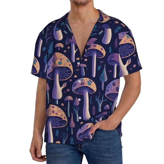 Uemuo Floral Hippie Mushrooms Pattern Cotton Linen Short Sleeve Shirts,Casual Lightweight Button Down Shirts,Vacation Beach Summer Tops-XX-Large