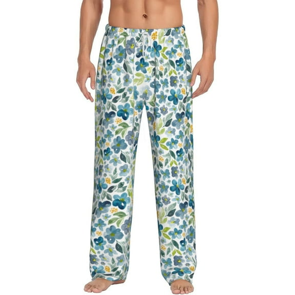 Uemuo Floral In Blue Pattern Men's Wide Leg Palazzo Lounge Pants with Pockets Light Weight Loose Comfy Casual Pajama Pants-Small
