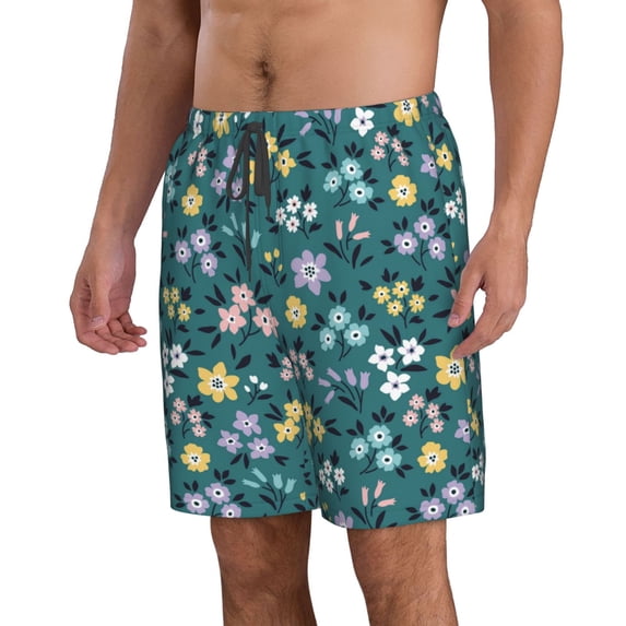 Uemuo Floral Pattern Men's Swim Trunks Hawaiian Beach Bathing Suit Swimsuits Beach Quick-Dry Shorts with Pockets-Large