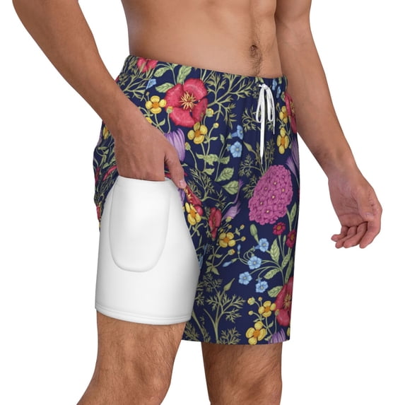 Uemuo Floral Pattern Mens Swim Trunks Quick Dry Board Shorts with Mesh Lining, Stretch Beach Shorts Quick Dry No-Chafing Board Shorts-3X-Large