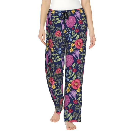 Uemuo Floral Pattern Women's Wide Leg Palazzo Lounge Pants with Pockets Light Weight Loose Comfy Casual Pajama Pants-Large