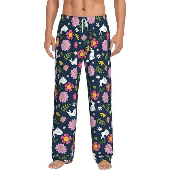 Uemuo Floral Rabbit Pattern Men's Wide Leg Palazzo Lounge Pants with Pockets Light Weight Loose Comfy Casual Pajama Pants-XX-Large