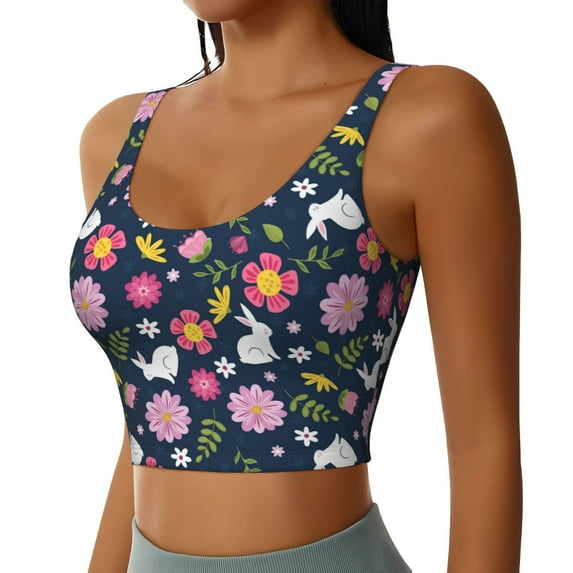 Uemuo Floral Rabbit Pattern Women's Sports Bra - High Impact Support, Breathable, and Comfortable Athletic Bra for Running, Yoga, and Workouts