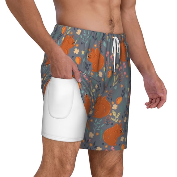 Uemuo Floral Squirrel Pattern Mens Swim Trunks Quick Dry Board Shorts with Mesh Lining, Stretch Beach Shorts Quick Dry No-Chafing Board Shorts-X-Large