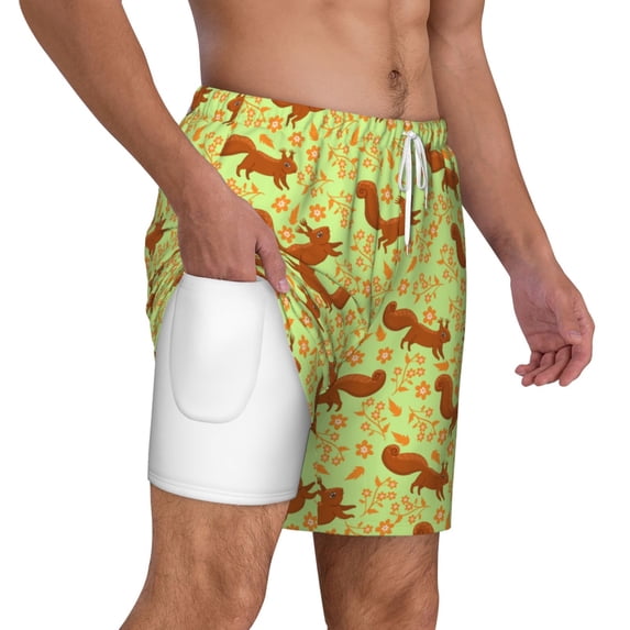 Uemuo Floral Squirrel Pattern Mens Swim Trunks Quick Dry Board Shorts with Mesh Lining, Stretch Beach Shorts Quick Dry No-Chafing Board Shorts-3X-Large