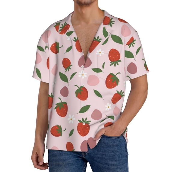 Uemuo Floral Strawberr Pattern Cotton Linen Short Sleeve Shirts,Casual Lightweight Button Down Shirts,Vacation Beach Summer Tops-X-Large