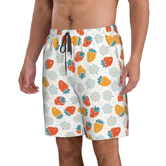 Uemuo Floral Strawberr Pattern Men's Swim Trunks Hawaiian Beach Bathing Suit Swimsuits Beach Quick-Dry Shorts with Pockets-Large