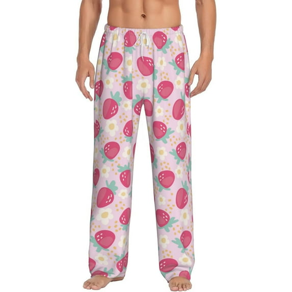 Uemuo Floral Strawberr Pattern Men's Wide Leg Palazzo Lounge Pants with Pockets Light Weight Loose Comfy Casual Pajama Pants-Small