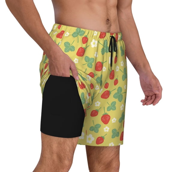 Uemuo Floral Strawberr Pattern Mens Swim Trunks Quick Dry Board Shorts with Mesh Lining, Stretch Beach Shorts Quick Dry No-Chafing Board Shorts-