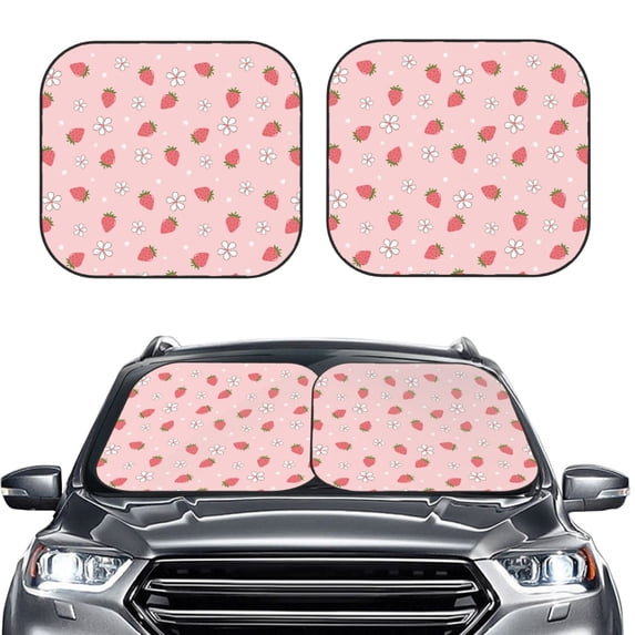 Uemuo Floral Strawberr Printed 2 PCS Car Windshield Sun Shade, Auto Sun Heat and UV Rays Blocker, Foldable Automotive Front Window Sunshade Protector
