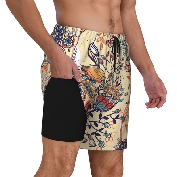 Uemuo Floral With Birds And Fantasy Flowers Pattern Mens Swim Trunks Quick Dry Board Shorts with Mesh Lining, Stretch Beach Shorts Quick Dry No-Chafing Board Shorts-Small