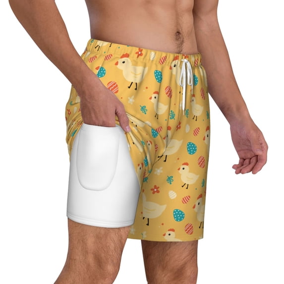 Uemuo Flowe Chicken Pattern Mens Swim Trunks Quick Dry Board Shorts with Mesh Lining, Stretch Beach Shorts Quick Dry No-Chafing Board Shorts-X-Large