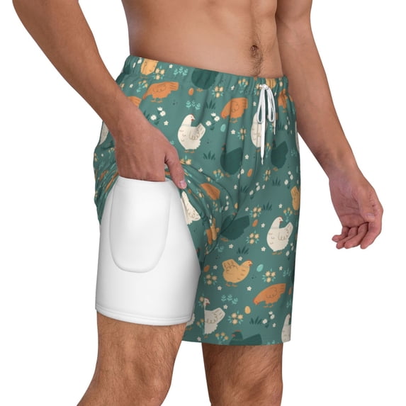 Uemuo Flowe Rooster Pattern Mens Swim Trunks Quick Dry Board Shorts with Mesh Lining, Stretch Beach Shorts Quick Dry No-Chafing Board Shorts-Large