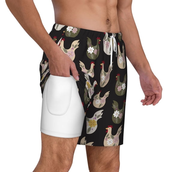 Uemuo Flowe Rooster Pattern Mens Swim Trunks Quick Dry Board Shorts with Mesh Lining, Stretch Beach Shorts Quick Dry No-Chafing Board Shorts-Medium