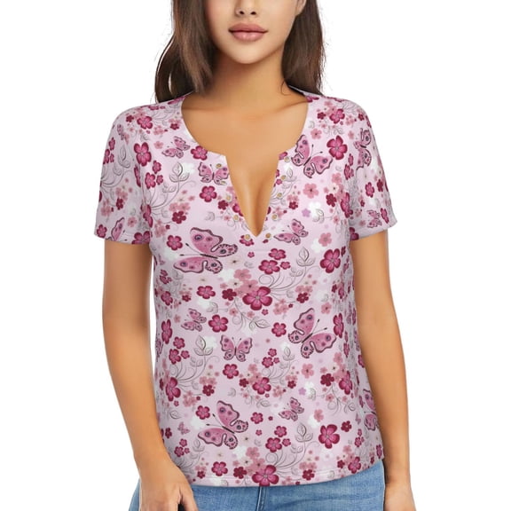 Uemuo Flower Butterfly Drawing Women's Deep V-Neck Low Cut Tops - Casual Loose Fit with Stainless Steel Loop, Soft, Breathable, Perfect for Office, Travel, and Daily Wear-XX-Large