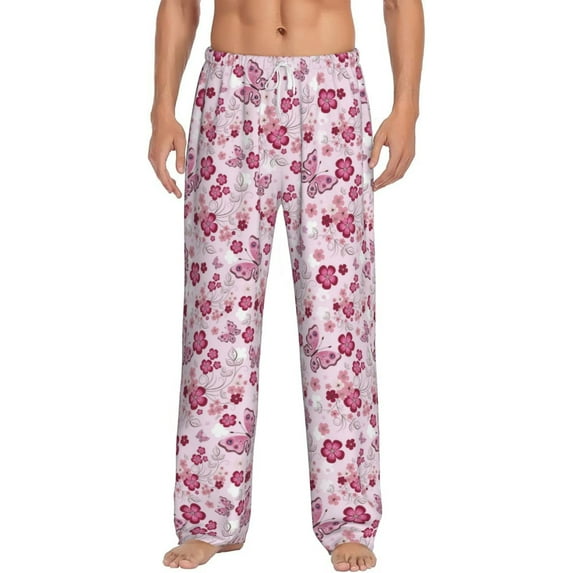 Uemuo Flower Butterfly Pattern Men's Wide Leg Palazzo Lounge Pants with Pockets Light Weight Loose Comfy Casual Pajama Pants-X-Large
