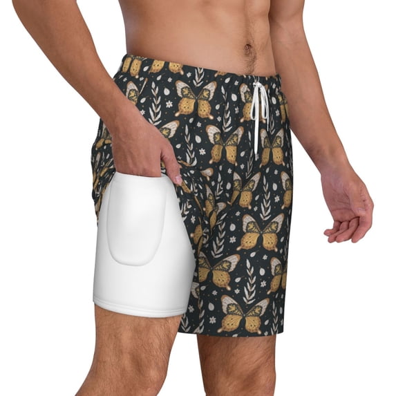 Uemuo Flower Butterfly Pattern Mens Swim Trunks Quick Dry Board Shorts with Mesh Lining, Stretch Beach Shorts Quick Dry No-Chafing Board Shorts-X-Large