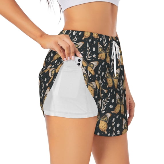 Uemuo Flower Butterfly Pattern Women's Athletic Shorts High Waisted Running Shorts with Liner Pockets Gym Elastic Workout Shorts-Medium