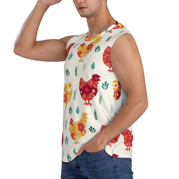 Uemuo Flower Chicken Pattern Men's Sleeveless T-Shirt,Muscle Athletic Tank Top, Moisture-wicking Quick-dry Breathable Classic Tee Top for Gym Run Outdoor Sports-XX-Large