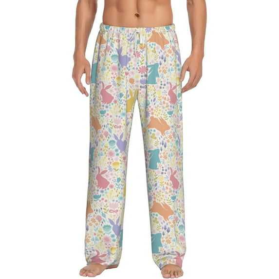 Uemuo Flower Color Rabbit Pattern Men's Wide Leg Palazzo Lounge Pants with Pockets Light Weight Loose Comfy Casual Pajama Pants-Small