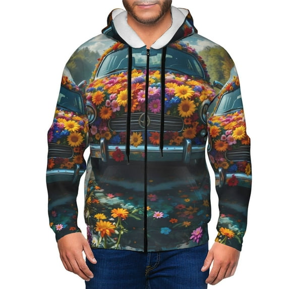 Uemuo Flower Covered Vintage Car for Men's Fashion Full-zip Hoodies & Sweatshirts with Kangaroo Pocket, Zip-up Hooded Sweatshirt, Moisture Wicking & Breathable-X-Large