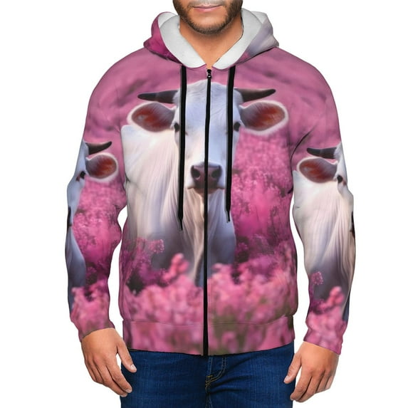 Uemuo Flower Field Cow for Men's Fashion Full-zip Hoodies & Sweatshirts with Kangaroo Pocket, Zip-up Hooded Sweatshirt, Moisture Wicking & Breathable-Small