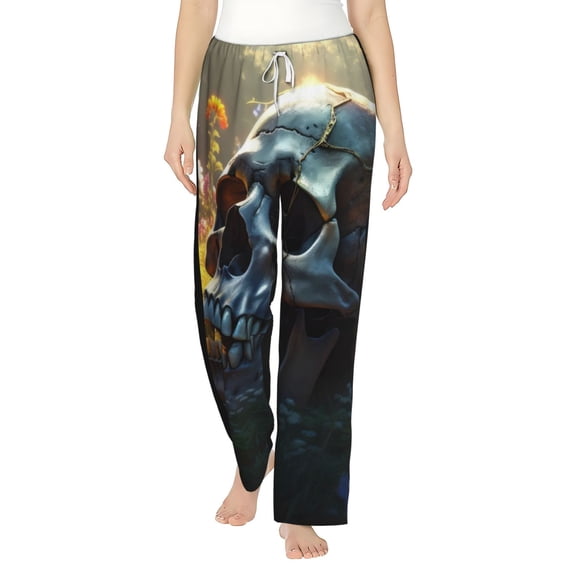 Uemuo Flower Field Skull Pattern Women's Wide Leg Palazzo Lounge Pants with Pockets Light Weight Loose Comfy Casual Pajama Pants-Medium