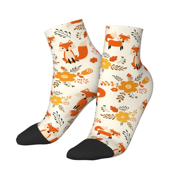 Uemuo Flower Fox Printed Crew Socks, Moisture-Wicking Socks, Athletic Socks for Men Breathable Cushion Socks Casual Sport Socks for Running Traveling