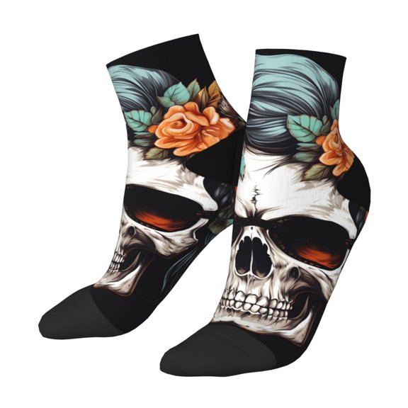 Uemuo Flower Horn Skull Printed Crew Socks, Moisture-Wicking Socks, Athletic Socks for Men Breathable Cushion Socks Casual Sport Socks for Running Traveling