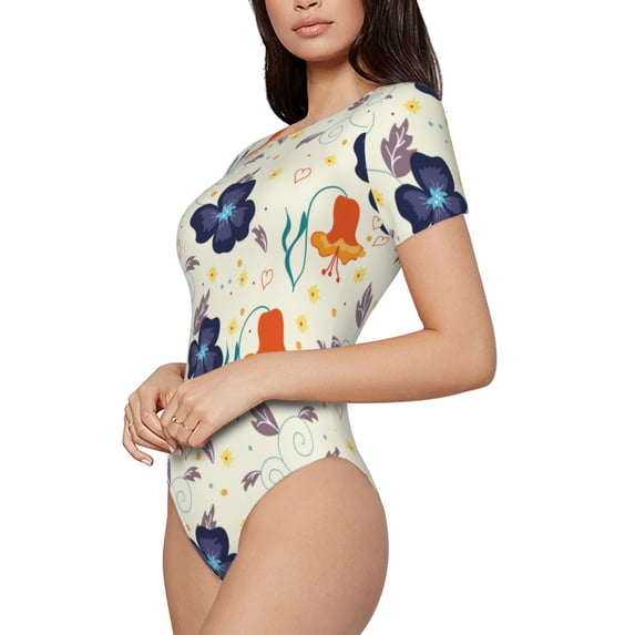 Uemuo Flower Leaves Pattern Women's One Piece Short Sleeve Swimsuit Rash Guard Surfing Modest Quick-drying Swimsuit Beach Essentials-Medium