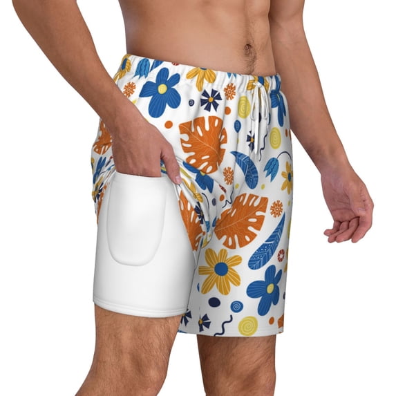 Uemuo Flower Pattern Mens Swim Trunks Quick Dry Board Shorts with Mesh Lining, Stretch Beach Shorts Quick Dry No-Chafing Board Shorts-Large