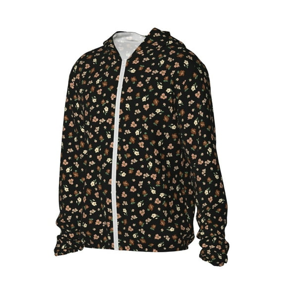 Uemuo Flower Pattern On Black Pattern Women's Full Zip UPF 50+ Sun Protection Hoodie Jacket Long Sleeve Sun Shirt Hiking Outdoor Performance with Pockets-XX-Large