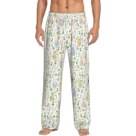 Uemuo Flower Rabbit Pattern Men's Wide Leg Palazzo Lounge Pants with Pockets Light Weight Loose Comfy Casual Pajama Pants-X-Large