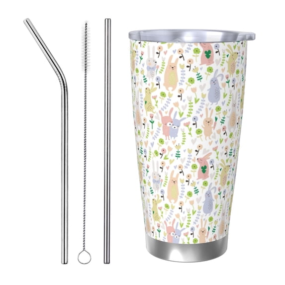 Uemuo Flower Rabbit Print Travel Coffee Mug ,20oz Double-walled Car Cup ,Stainless Steel Insulated Tumbler Leak-proof Travel Cup Reusable Straw Car Cup-Straw Three-piece Set