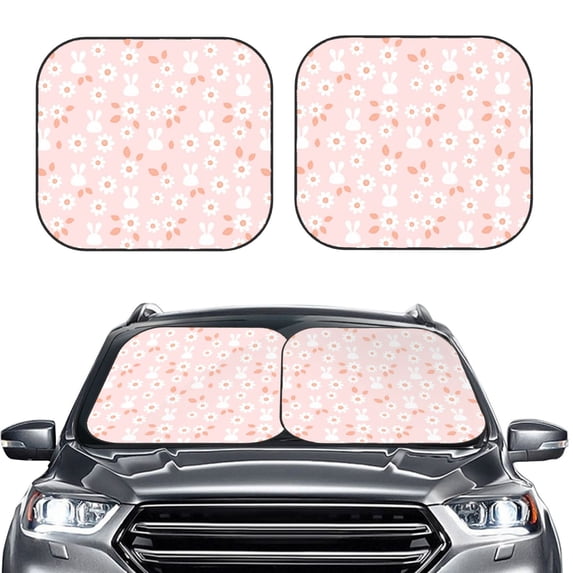 Uemuo Flower Rabbit Printed 2 PCS Car Windshield Sun Shade, Auto Sun Heat and UV Rays Blocker, Foldable Automotive Front Window Sunshade Protector