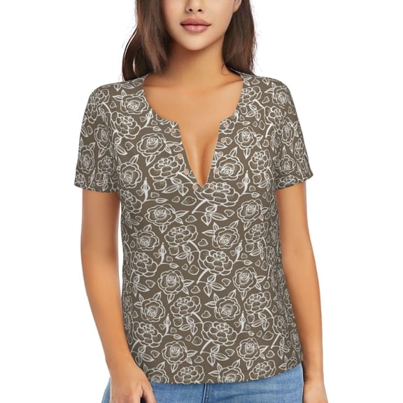 Uemuo Flower Rose Drawing Women's Deep V-Neck Low Cut Tops - Casual Loose Fit with Stainless Steel Loop, Soft, Breathable, Perfect for Office, Travel, and Daily Wear-X-Large