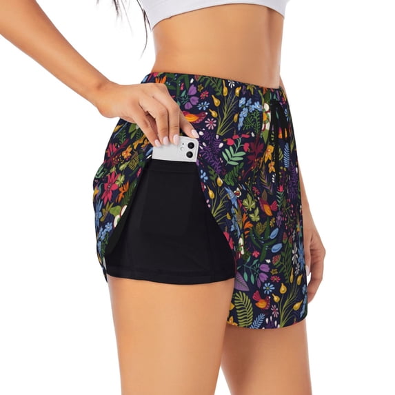 Uemuo Flowers And Birds Pattern Women's Athletic Shorts High Waisted Running Shorts with Liner Pockets Gym Elastic Workout Shorts-