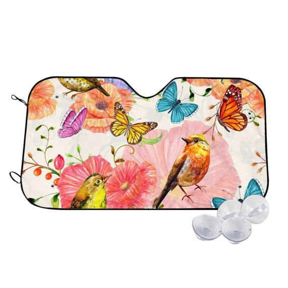 Uemuo Flowers And Birds Watercolor Pattern Accordion Car Windshield Sun Shade, Foldable Reflective Sun Visor for Car, Reflector Windshield Sunshade-Medium