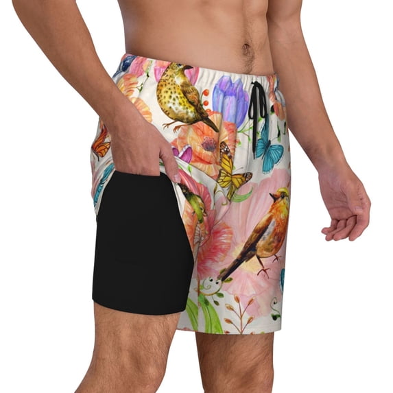 Uemuo Flowers And Birds Watercolor Pattern Mens Swim Trunks Quick Dry Board Shorts with Mesh Lining, Stretch Beach Shorts Quick Dry No-Chafing Board Shorts-Small