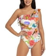 thumbnail image 1 of Uemuo Flowers And Birds Watercolor Print Women's One Piece Swimsuit Asymmetrical Neck Bathing Suit One Shoulder Side Cutout Ruffle Swimwear-XX-Large, 1 of 6