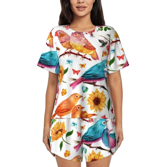 Uemuo Flowers Birds And Butterflies Pattern Women's Short-Sleeved Pajama, Button-Front Loungewear, 2-Piece Summer Sleepwear, Elastic Drawstring Shorts-X-Large