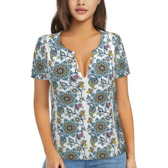 Uemuo Flowers and Butterflies Drawing Women's Deep V-Neck Low Cut Tops - Casual Loose Fit with Stainless Steel Loop, Soft, Breathable, Perfect for Office, Travel, and Daily Wear-Large