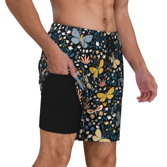 Uemuo Flowers Butterfly Pattern Mens Swim Trunks Quick Dry Board Shorts with Mesh Lining, Stretch Beach Shorts Quick Dry No-Chafing Board Shorts-Medium