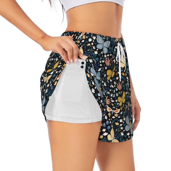 Uemuo Flowers Butterfly Pattern Women's Athletic Shorts High Waisted Running Shorts with Liner Pockets Gym Elastic Workout Shorts-Large