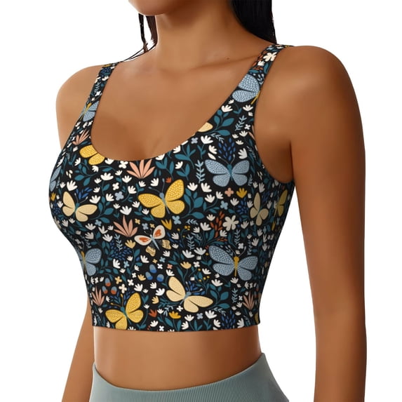 Uemuo Flowers Butterfly Pattern Women's Sports Bra - High Impact Support, Breathable, and Comfortable Athletic Bra for Running, Yoga, and Workouts