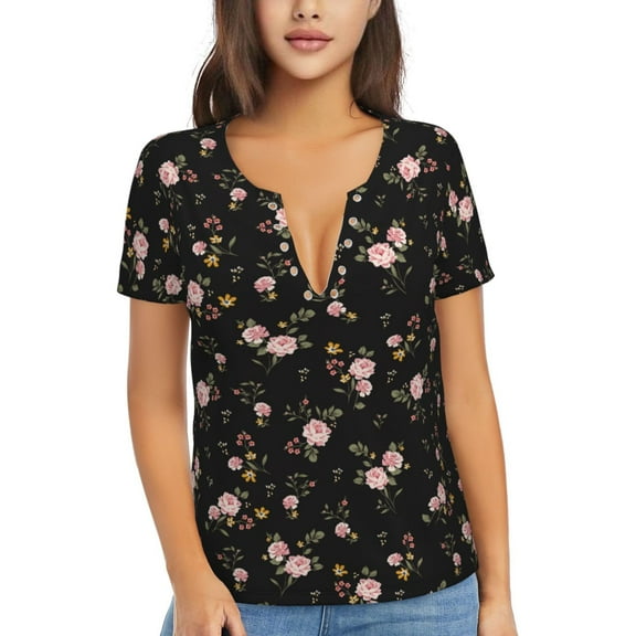 Uemuo Flowers Drawing Women's Deep V-Neck Low Cut Tops - Casual Loose Fit with Stainless Steel Loop, Soft, Breathable, Perfect for Office, Travel, and Daily Wear-Medium