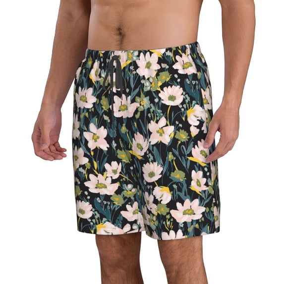 Uemuo Flowers Pattern Men's Swim Trunks Hawaiian Beach Bathing Suit Swimsuits Beach Quick-Dry Shorts with Pockets-Large
