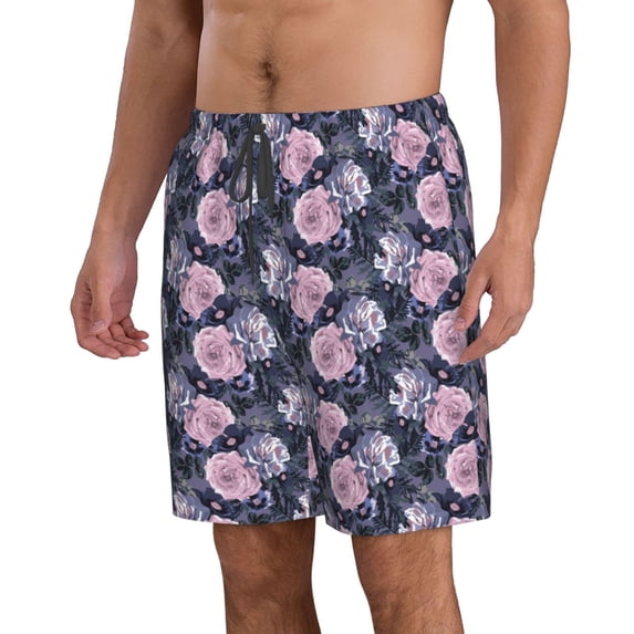 Uemuo Flowers Pattern Men's Swim Trunks Hawaiian Beach Bathing Suit Swimsuits Beach Quick-Dry Shorts with Pockets-Small