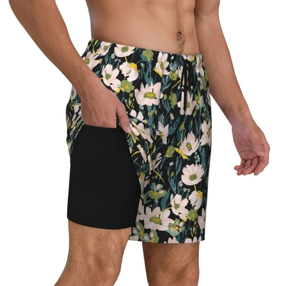 Uemuo Flowers Pattern Mens Swim Trunks Quick Dry Board Shorts with Mesh Lining, Stretch Beach Shorts Quick Dry No-Chafing Board Shorts-Medium